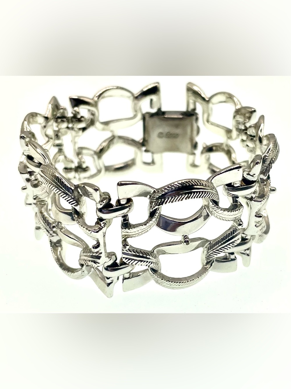 Vintage 1970s Coro Bracelet Signed Interlocking Textured Links Silver Tone